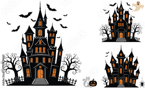 Spooky haunted Halloween castle illustrations with bats, twisted trees, ghosts, pumpkins, spider, cat, and eerie gothic atmosphere vector set.