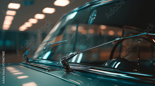 A vintage car's windshield is shown inside a dimly lit garage.