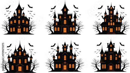 Spooky haunted Halloween houses with glowing windows, bats flying in the night, creepy trees, and scary silhouettes for horror design.