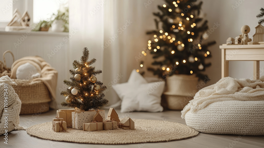 Fototapeta premium Petite Christmas tree adorned with warm lights, nestled in minimalist Scandinavian living space featuring wrapped presents and soft wooden elements