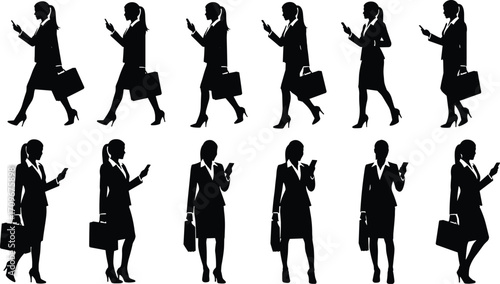 Businesswoman silhouette walking with smartphone, professional woman using mobile phone, modern lifestyle, technology multitasking, urban career, digital communication, mobility, connectivity