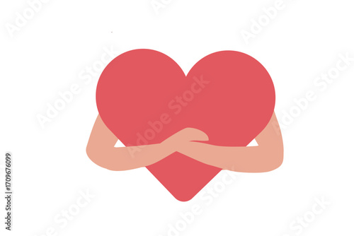 Hands hugging big heart, self confidence, mental health and self love, freedom, think positive vector illustration. Love yourself concept.

