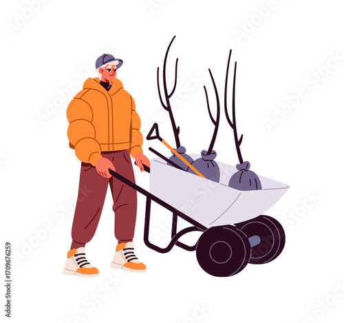Farmer cares about garden, carries saplings on wheelbarrow to plant. Farm worker with seedlings of tree in wheel barrow. Man does reforestation, landscaping. Flat isolated vector illustration on white