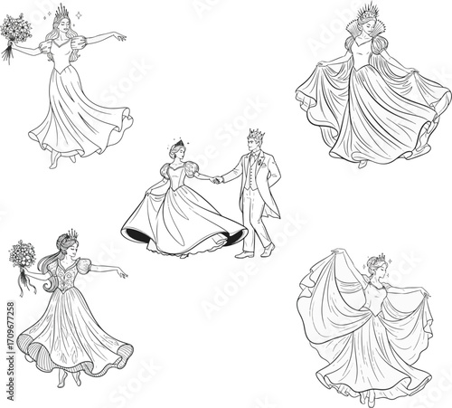 A collection of black and white line art illustrations of a fairytale princess and prince dancing and posing in elegant gowns and crowns.