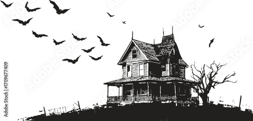 Vintage haunted house with flying bats, spooky black and white Halloween illustration in engraving style.
