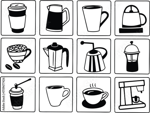 Coffee Icons Set – Beans, Cups, Makers, Grinder, Packaging, Brewing Illustrations