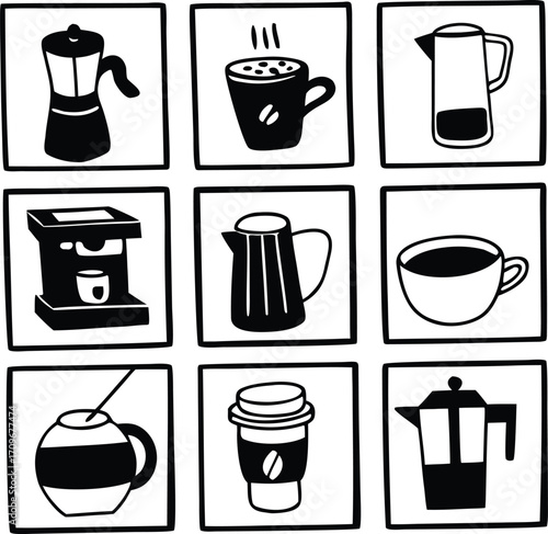 Coffee Icons Set – Beans, Cups, Makers, Grinder, Packaging, Brewing Illustrations