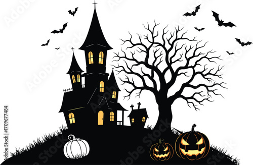 Spooky haunted house on hill with bats, creepy tree, glowing pumpkins, graveyard, Halloween night scary castle vector illustration design