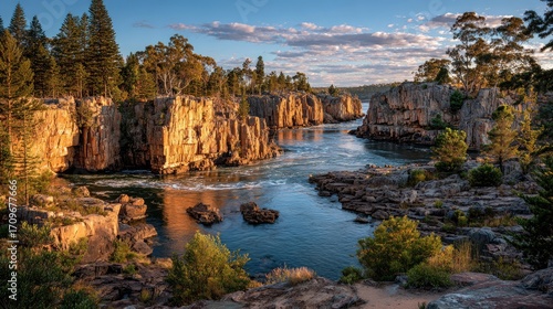 Rocky coastal inlet at sunset