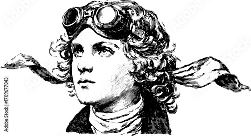 Vintage aviator portrait with goggles and scarf. Detailed line art vector illustration in black and white.