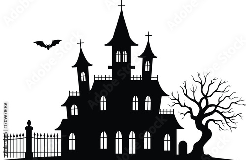 Spooky haunted house silhouette with bare tree, flying bat, iron gate fence, creepy Halloween scene, eerie gothic mansion vector illustration