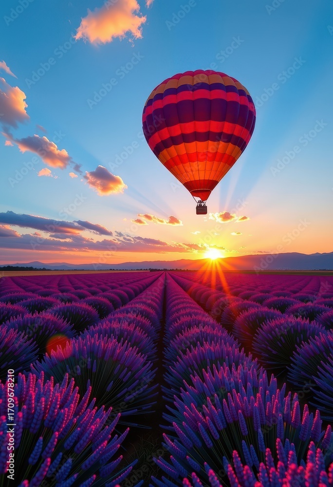 Fototapeta premium Hot air balloons drift serenely above a breathtaking lavender field at sunset, casting long shadows across the vibrant purple landscape, summer, colors, purple flowers