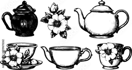 Vintage teapot and cup set illustrated in an engraving style, featuring floral designs. A classic vector illustration of traditional kitchenware.