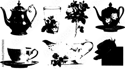 Vintage teapot and cup set in black and white line drawing. Elegant vector illustration featuring glass and decorative elements.