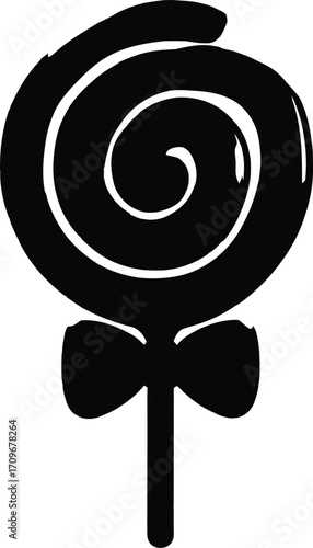 Spiral Lollipop Silhouette Illustration — Minimalist Black Icon Featuring Whimsical Candy on a Stick with Bow Accent for Sweet Shop, Children’s Themes, and Playful Design