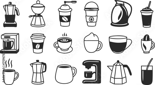 Coffee Icons Set – Beans, Cups, Makers, Grinder, Packaging, Brewing Illustrations