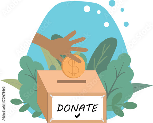 Illustration of Donation Box with Hand and Coin