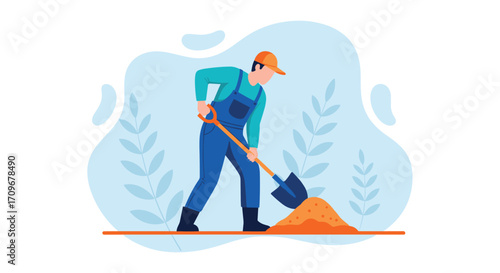Construction worker with shovel clearing outdoor site debris and rubble for renovation project