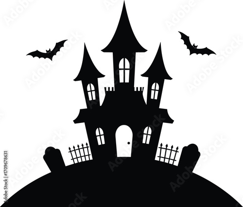 Spooky haunted house silhouette with bats flying, graveyard tombstones, eerie Halloween scene, dark gothic atmosphere, creepy night vector design