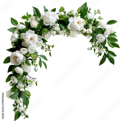 Elegant floral arrangement featuring white blossoms and lush green leaves on black background art decor