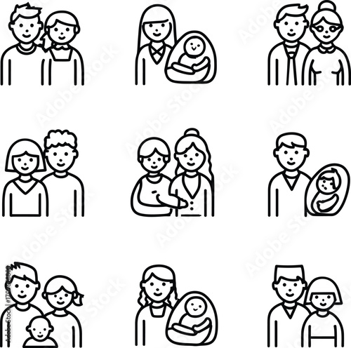 Family Unit Icon Grid — 3x3 Minimalist Line Set Featuring Diverse Adult and Child Combinations Representing Parenthood, Caregiving, and Social Structure in Stylized Silhouettes