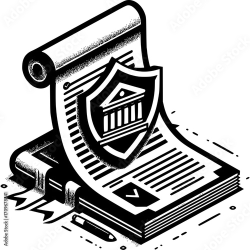 Legal Document Illustration: A monochrome image featuring a rolled parchment, a book, and a protective shield with a building icon, symbolizing legal documents, law, and order.