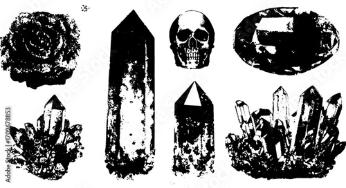 Crystal and skull drawings in vintage style. Black and white vector illustration set featuring outlines and intricate designs.