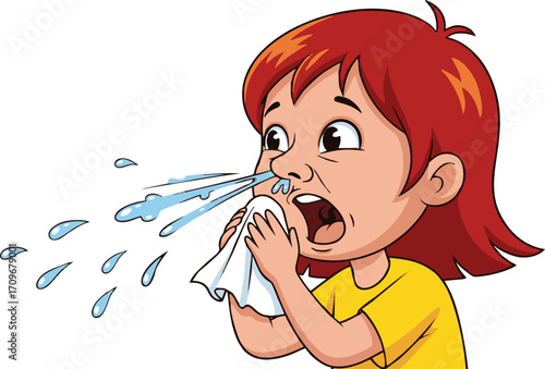 Cartoon Girl with Red Hair Sneezing into Tissue, Water Droplets Flying