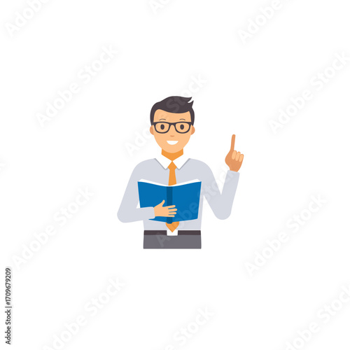 Illustration of a confident man in glasses reading a book and pointing his finger up, representing knowledge and ideas