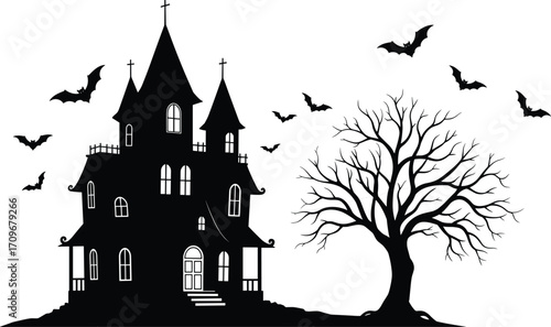 Spooky haunted house silhouette with eerie bare tree and flying bats Halloween vector illustration black and white design