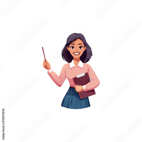 Smiling female teacher in a pink shirt holding a pointer and a clipboard in a cartoon illustration