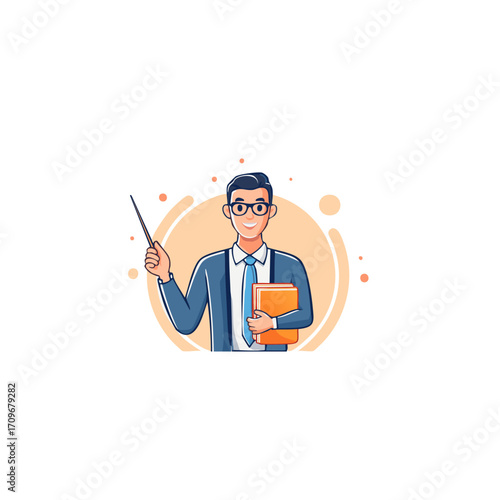 Knowledgeable Teacher Illustration  Expert Educator with Book and Pointer