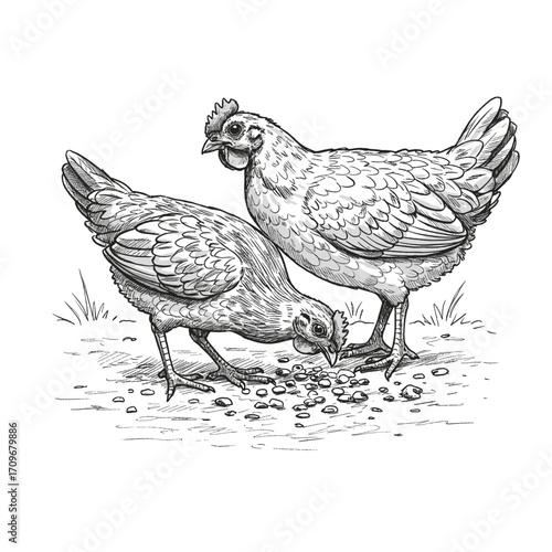  Faverolles Gallus- gallus domesticus. Two Farm Chickens Foraging and Pecking on the Ground Hand-Drawn Sketch
