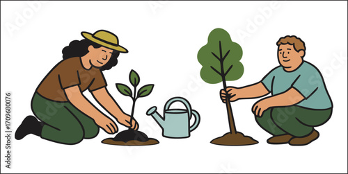 Diverse people planting trees and watering young saplings for a greener future together
