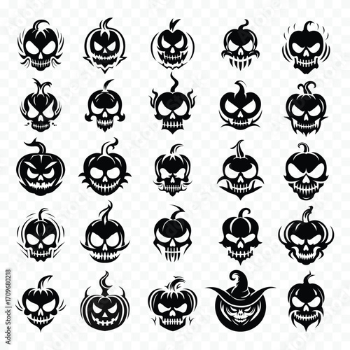 A collection of 25 Halloween pumpkin silhouettes in various spooky vector designs, featuring carved faces, scary expressions, and festive seasonal themes