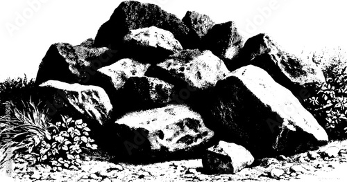 Vintage engraving of rocks in nature. Detailed line drawing in black and white, vector illustration representing a classic landscape set.