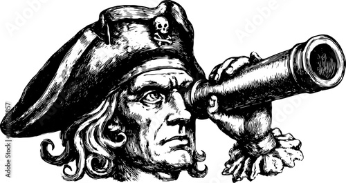 Vintage pirate man with a telescope and hat. Engraving and line drawing as a set in black and white vector illustration.