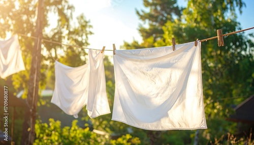 Wallpaper Mural White clothes drying on a clothesline in a garden at sunset Torontodigital.ca