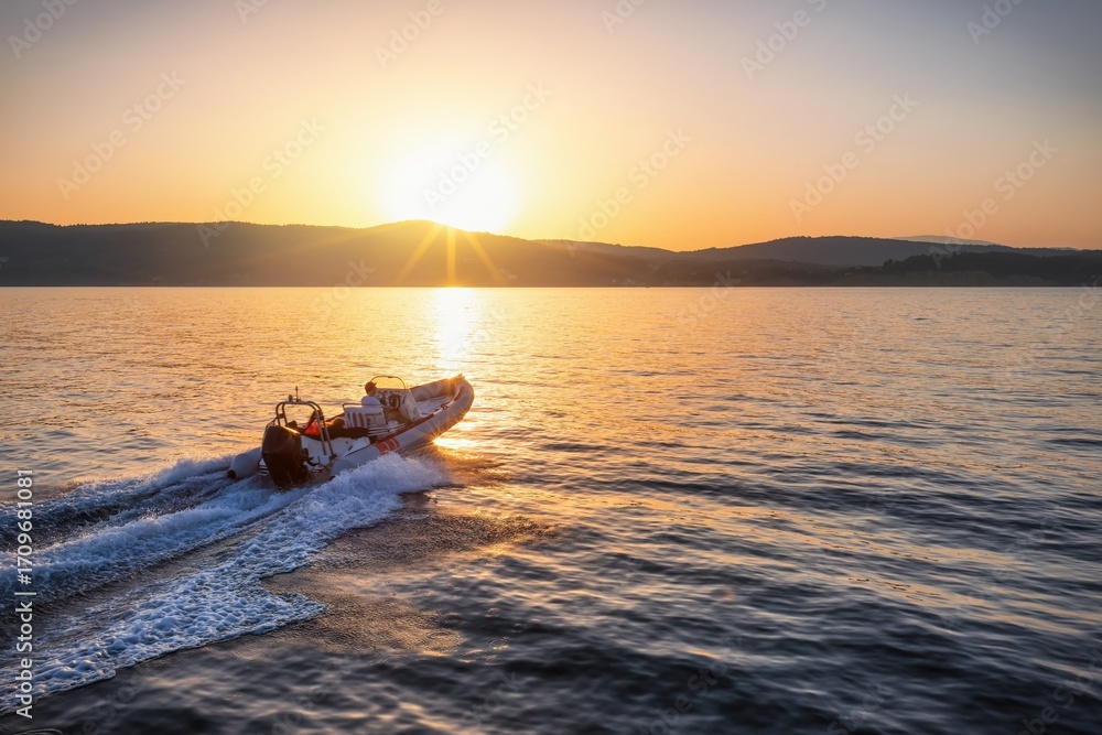 Naklejka premium Aerial view of a sports RIB boat cruising with speed over the calm ocean during summer sunset time