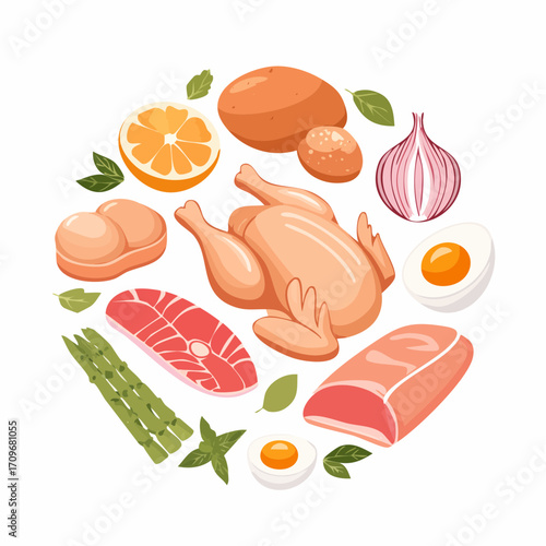 Fresh raw chicken meat and eggs set. Breasts filet, drumsticks, thighs, wings and other poultry carcass parts and products. Grocery market concept. 