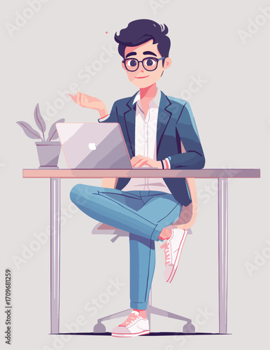 A businesswoman sits at her office desk, working on a laptop computer