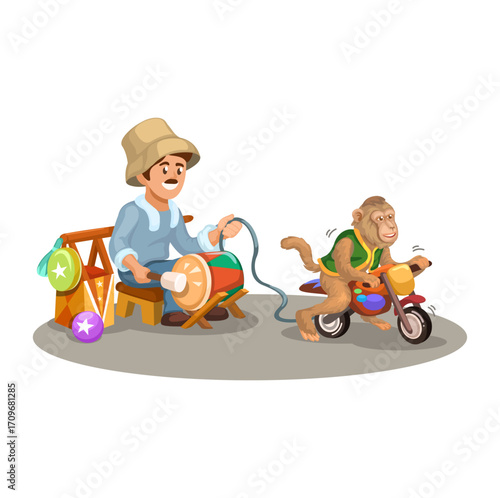 Topeng Monyet Aka Monkey Attraction Show from Indonesia Cartoon Illustration Vector