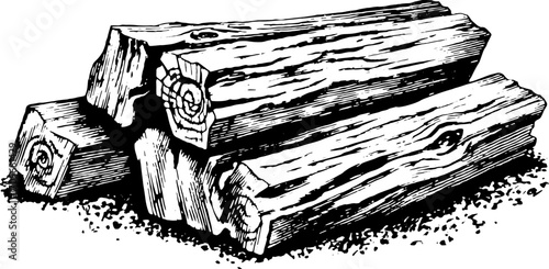 Vintage engraving of stacked logs with detailed wood texture. This black and white illustration showcases natural elements in a rustic vector set.