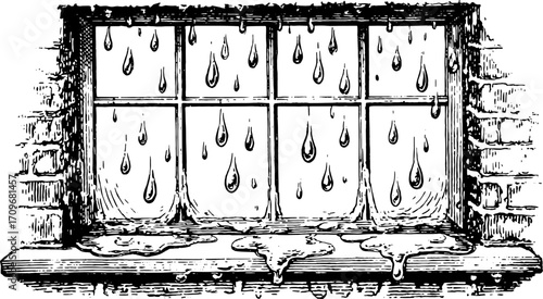 Vintage window with rain drops. Black and white engraving illustration showing detailed texture on the sill and drops. This classic vector artwork captures a simple scene.