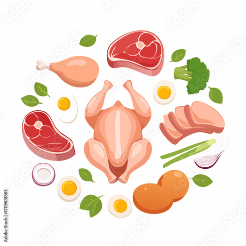 Fresh raw chicken meat and eggs set. Breasts filet, drumsticks, thighs, wings and other poultry carcass parts and products. Grocery market concept. 
