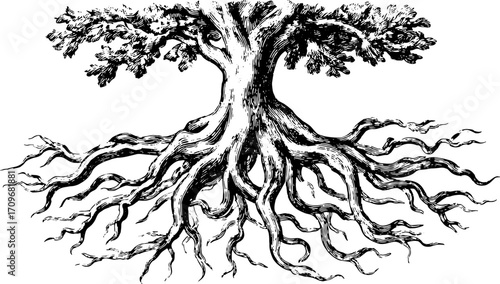 Vintage tree illustration focusing on detailed roots and branches. This black and white vector illustration showcases a natural design.