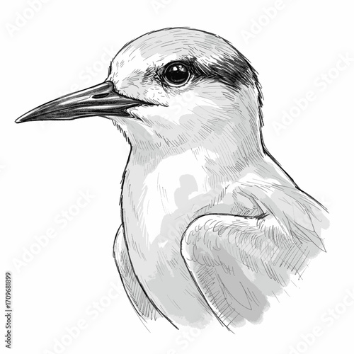 Detailed Headshot Sketch of a Common Tern Bird Profile View
