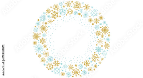 A beautiful circular arrangement of delicate golden and blue snowflakes in varying sizes.