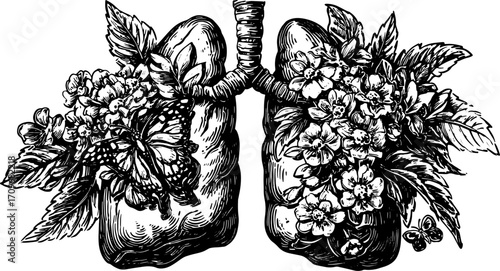 Lungs illustrated with floral elements and a butterfly. This vintage black and white vector illustration is a unique set.