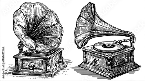 Gramophone illustration in vintage style. Black and white outline engraving depicting classic music equipment in a detailed vector artwork set.